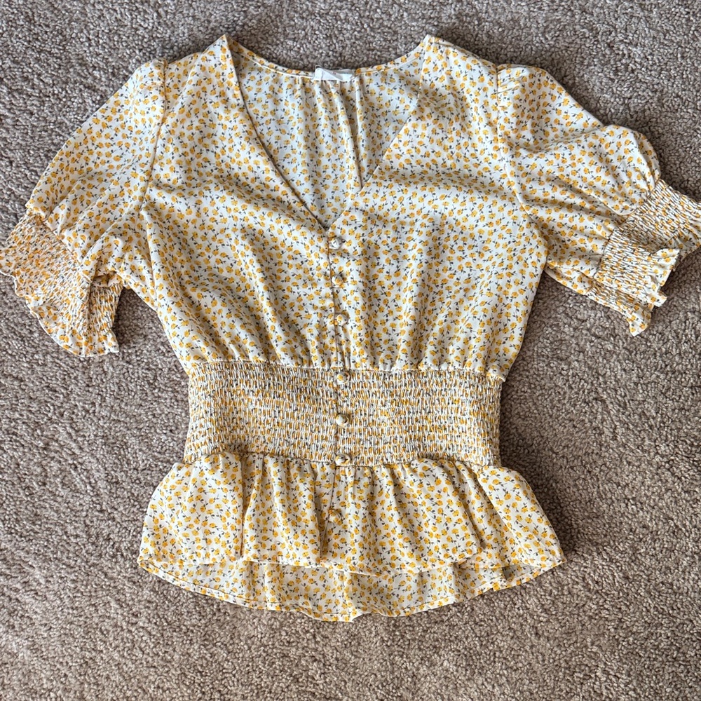 Sienna Sky Yellow Floral Smocked Peplum Top